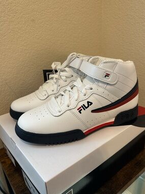 Fila F-13 White Mid-Top Sneakers with Navy & Red Trim